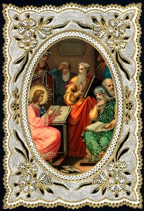 Vrome afbeelding: Jezus kind met dokters. Dentelkaart. Chromolithografie begin 20e eeuw Privécollectie