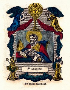 Vrome afbeelding: Sint Augustinus (Augustinus van Hippo (354 - 430), bisschop en kerkleraar, auteur van de Regel van Sint Augustinus en Belijdenissen). Gravure uit de 19e eeuw Privécollectie door Anonymous Anonymous