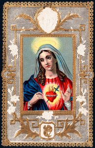 Vrome afbeelding: Maagd van Smarten. Mater dolorosa. Dentelkaart. Chromolithografie begin 20e eeuw Privécollectie