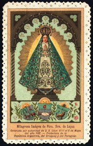 Vrome afbeelding: voorstelling van Nuetra Seniora (Onze Lieve Vrouw) van Lujan, beschermheilige van Argentinië, Paraguay en Uruguay. Dentelkaart Privécollectie