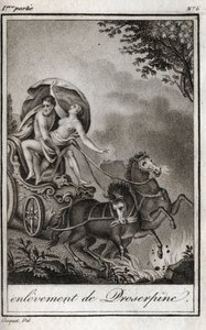 Pluto (Hades) neemt Persephone (Proserpina) voor haar moeder, Ceres (Demeter), en brengt haar naar het rijk van de Onderwereld. Pluto ontvoert Persephone naar zijn rijk, de onderwereld, in de Griekse mythologie. Gravure uit 1819 in 