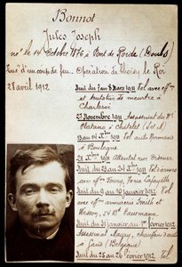 Politieblad van crimineel Jules Bonnot (1876-1912) met lijst van misdaden