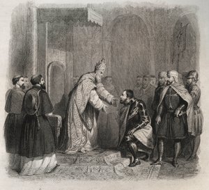Paus St. Pius V (1566-1572) ontvangt de winnaar van de Slag bij Lepanto. Gravure uit 1846 in Lives of the Saints. Privécollectie door Anonymous Anonymous