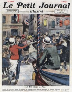 Populaire bals in de straten van Parijs ter gelegenheid van het nationale feest op 14 juli. Illustratie uit 