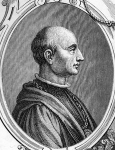 Portret van Gentile Bellini (1429-1507), Italiaanse schilder. Gravure uit 1859 in "de galerijen van Europa - Italië" door Armengaud. Privécollectie.