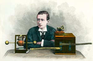 Portret van Guglielmo Marconi (1874-1937), Italiaanse natuurkundige, uitvinder van de telegraaf. Gravure rond 1900. Privécollectie
