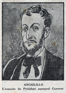 Portret van Michele Angiolillo Lombardi, Italiaanse anarchist (1871-1897), moordenaar van de Spaanse president Antonio Canovas del Castillo (1828-1897). Gravure in 