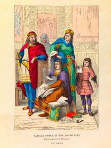 Portret van een adellijke familie met hun architect in de 7e eeuw, gravure - privécollectie door Anonymous Anonymous