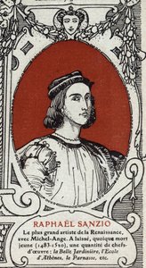 Portret van de Italiaanse renaissance schilder Raphael (Raffaello Sanzio 1483-1520). Gravure uit 1914. Privécollectie. door Anonymous Anonymous