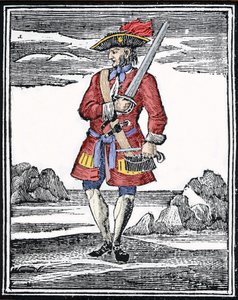Portret van de piraat Jack Rackham, ook wel bekend als Calico Jack. Gravure.