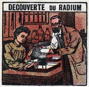 Radium: ontdekt door Pierre (1859-1906) en Marie Curie (1867-1934) in 1898. Anonieme illustratie uit 1925. Privécollectie.
