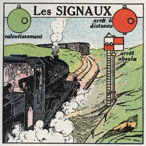 Spoorwegen: signalen gebruikt om de verkeersveiligheid te waarborgen. Anonieme illustratie uit 1925. Privécollectie.