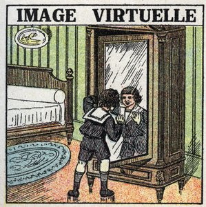 Reflectie van licht: virtueel beeld. Een kind dat zijn reflectie in een spiegel aanschouwt. Anonieme illustratie uit 1925. Privécollectie. door Anonymous Anonymous