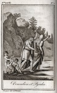 Voorstelling van Deucalion en Pyrrha, de enige overlevenden na de zondvloed veroorzaakt door Zeus om het menselijk ras te vernietigen. Themis vraagt hen na de zondvloed om met bedekt hoofd achter zich de botten van hun moeder (de stenen van de Aarde) te go door Anonymous Anonymous
