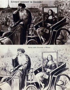 Voorstelling van Leonardo da Vinci die zijn werk Mona Lisa terugbrengt na de diefstal door Vincenzo Peruggia op 21/08/1911. Komische ansichtkaart door Anonymous Anonymous