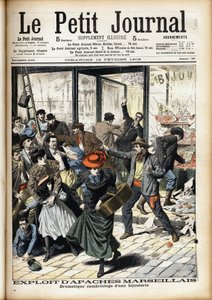 Overval op een juwelierszaak in Marseille door de Apachen van Marseille. Gravure in de kop van het Petitie Journal door Anonymous Anonymous