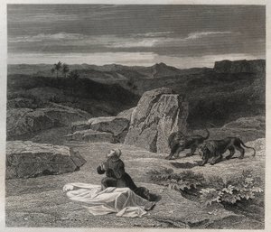 Sint Antonius Abt (Sint Antonius de Grote) (250/251-356) (of Sint Antonius de Kluizenaar) begroef Sint Paulus van Thebe in de woestijn. Gravure uit 1846 in 