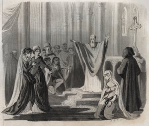 Saint Dunstan (ca. 909-988), bisschop van Canterbury, benedictijn en hervormer van het kloosterleven in Engeland, kondigt zijn naderende dood aan het volk aan. Gravure uit 1846 in “Lives of the saints”. Privécollectie.