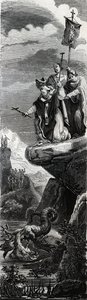 Saint Front (eerste evangelisator van de Perigord) (3e eeuw) stort de draak in de Dordogne - Gravure van 1846 in 
