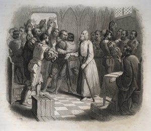 Sint Nicolaas van Flue of Broeder Klaus (1417-1487), een Zwitserse kluizenaar die de Zwitserse confederaties verzoende die op het punt stonden een burgeroorlog te beginnen. Gravure uit 1846 in Lives of the Saints. Privécollectie door Anonymous Anonymous