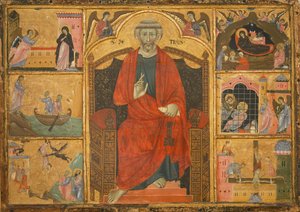 Sint Petrus op een troon omringd door bijbelse scènes