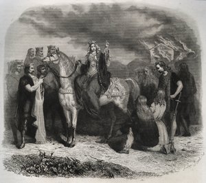 Sint Radegonde (Radegonde de Poitiers, 519-587) verbrandde een heidense tempel en bekeerde de Galliërs tot het christendom. Gravure uit 1846 in Lives of the Saints. Privécollectie