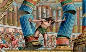 Simson brengt de Tempel van Dagon ten val - Chromolithografie - Privécollectie