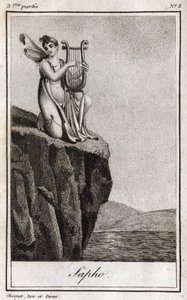 Sapho (of Sappho, 7e eeuw v.Chr.), Griekse dichteres uit de oudheid. Gravure uit 1819 in 