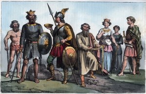 Saksische krijger en Angelsaksen - Saksische krijger en de Angelsaksen - gravure uit 