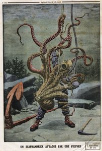 Duiker aangevallen door een octopus. Gravure in "Le Petit Journal", op 16/06/1912. Privécollectie. door Anonymous Anonymous