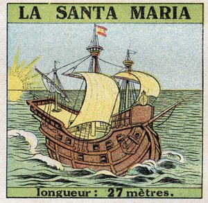Schepen en schepen: Santa Maria, karveel van Christoffel Columbus (1451-1506) toen hij Amerika ontdekte in 1492. Anonieme illustratie uit 1925. Privécollectie. door Anonymous Anonymous