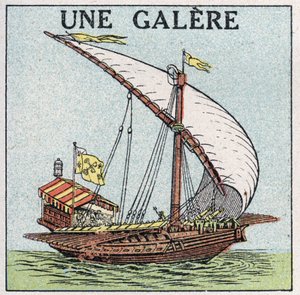 Schepen en schepen: een galei. Anonieme illustratie uit 1925. Privécollectie. door Anonymous Anonymous