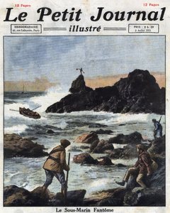 Sinn Feiners, leden van de politieke tak van het Ierse Republikeinse Leger (IRA) in Ierland, gaan aan boord van boten om onderzeeërs uit de Verenigde Staten te benaderen, die Ierland in het geheim voorzien van wapens en munitie. Illustratie uit 