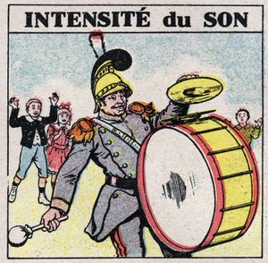 Geluidsenergie: intens geluid. De grote trom van een militaire band. Anonieme illustratie uit 1925. Privécollectie. door Anonymous Anonymous