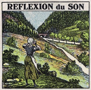Geluidsenergie: reflectie van geluid door echo fenomeen. Anonieme illustratie uit 1925. Privécollectie. door Anonymous Anonymous