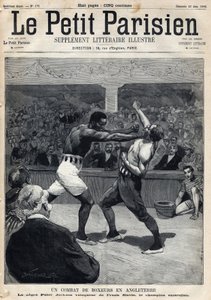Bokswedstrijd in Engeland tussen Peter Jackson en de Australische kampioen Frank Slavin. Gravure. Uit de krant 