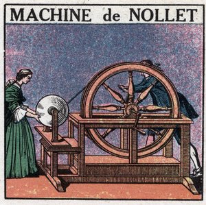 Statische machines: de machine van de abt Jean Antoine Nollet (Jean-Antoine) (1700-1770) uitgevonden in 1740. Anonieme illustratie uit 1925. Privécollectie.