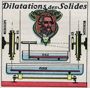 Temperatuur en uitzetting: uitzetting van vaste stoffen bestudeerd door Antoine Laurent de Lavoisier. Anonieme illustratie uit 1925. Privécollectie. door Anonymous Anonymous