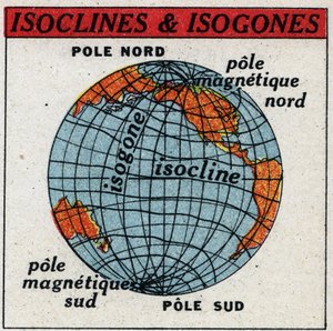 Aardmagnetisme: Magnetische kaart met isoklienen en isogonen. Anonieme illustratie uit 1925. Privécollectie.
