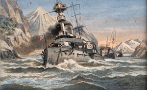 De Amerikaanse vloot in de Straat van Magellan. Gravure uit de krant 