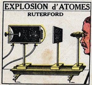 Het atoom en wetenschap: Explosie van atomen door Ernest Rutherford. Anonieme illustratie uit 1925. Privécollectie. door Anonymous Anonymous