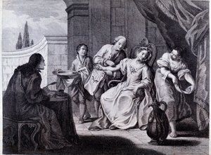 De aderlating, medische techniek (gravure)