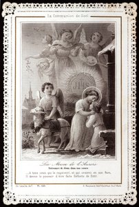 De Kerstcommunie. De Mis van de Dageraad. Geboorte van Jezus in onze harten Vrome afbeelding. Getande ansichtkaart. Privécollectie