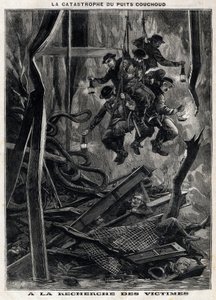 De ramp in de Couchoud-put: reddingswerkers gaan op zoek naar slachtoffers in een van de mijnen van de Peronniere bij Grand Croix nabij Saint Etienne. Gravure. In 