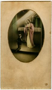 De Eucharistie, Heilige Communie, het Sacrament van het Altaar: een kind voor Jezus (gravure) door Anonymous Anonymous