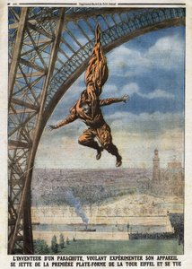 De Franse kleermaker van Oostenrijkse afkomst Franz (of François) Reichelt (1879-1912) uitvinder van een parachute die zijn toestel wil testen, springt van het eerste platform van de Eiffeltoren en komt om. Gravure in "Le Petit Journal" door Anonymous Anonymous