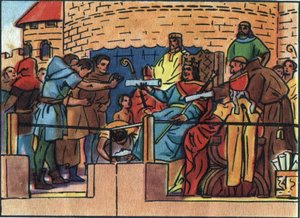De koning van Frankrijk Lodewijk VI de Grote (1081-1137) verleent het Handvest aan de stad Parijs. Anonieme illustratie in “Collection des souverains et chefs d