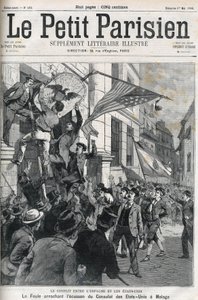 De Spaans-Amerikaanse Oorlog: de menigte scheurt het insigne van het Amerikaanse consulaat in Malaga, Spanje in 1898. Omslag van 