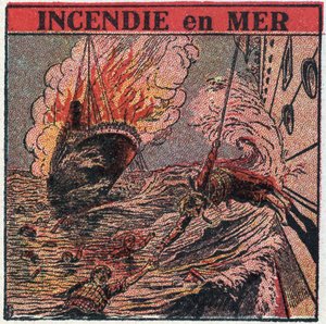 De T.S.F.: brand op zee. De T.S.F. wordt door schepen gebruikt om hulp te roepen tijdens een schipbreuk. Anonieme illustratie uit 1925. Privécollectie.