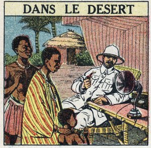 De T.S.F. gebruikt in de woestijn in Afrika. Anonieme illustratie uit 1925. Privécollectie.